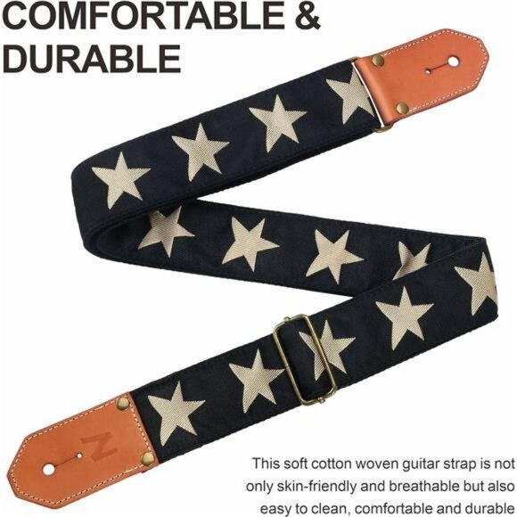 Woven Guitar Strap Cotton Adjustable Leather Ends Pick Pocket Star Pattern - Picture 2 of 7